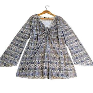 Vintage 2000s Paisley Print Top Plus Size 1X Bell Sleeve Tie Back Y2K Milkmaid